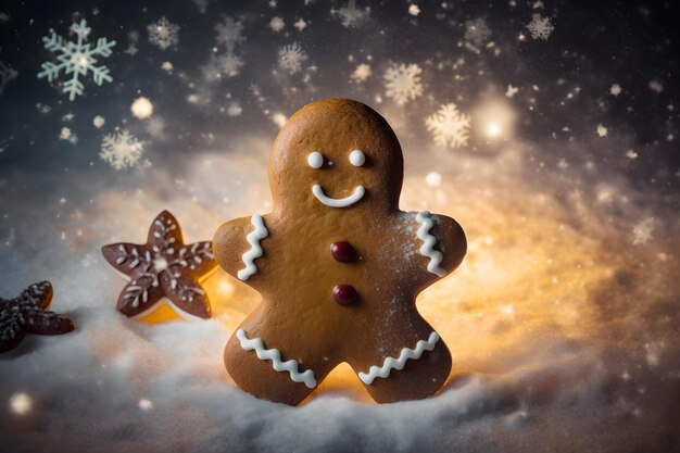 Hombre de pan de jengibre en un fondo navideño brillante y festivo