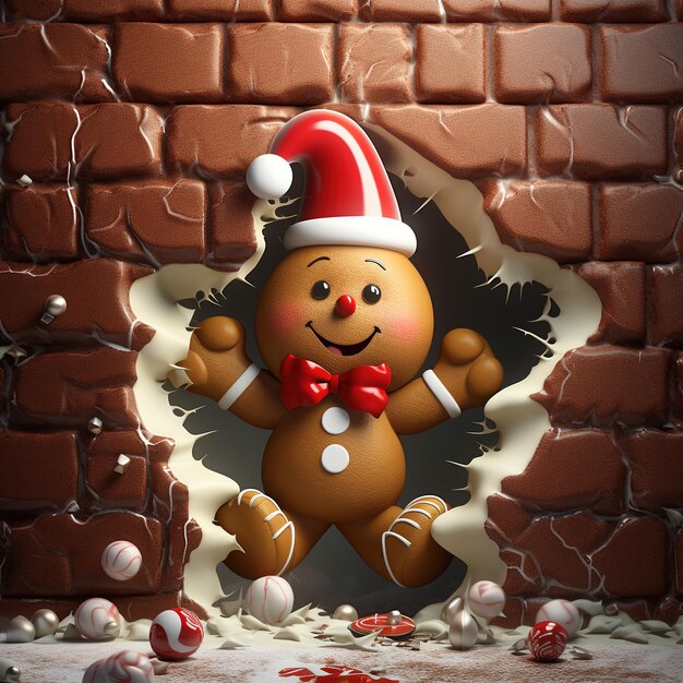 Hombre de pan de jengibre de Navidad frente a una pared de ladrillo agrietada Ilustración 3D Generada por Ai