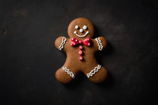 El hombre de pan de jengibre sonriente en el fondo oscuro