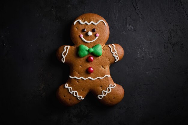 El hombre de pan de jengibre sonriente en el fondo oscuro