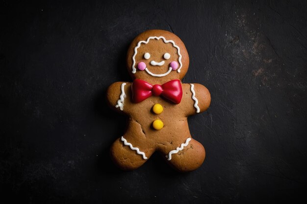 El hombre de pan de jengibre sonriente en el fondo oscuro