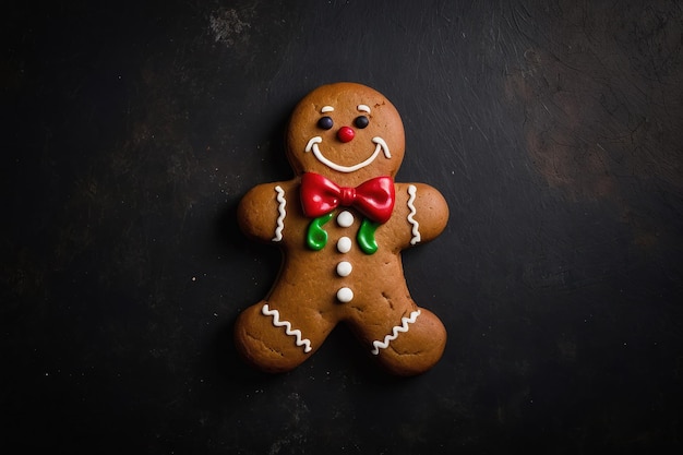 El hombre de pan de jengibre sonriente en el fondo oscuro