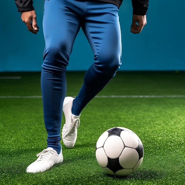 Un hombre con pantalones azules y zapatos blancos está pateando una pelota de fútbol.