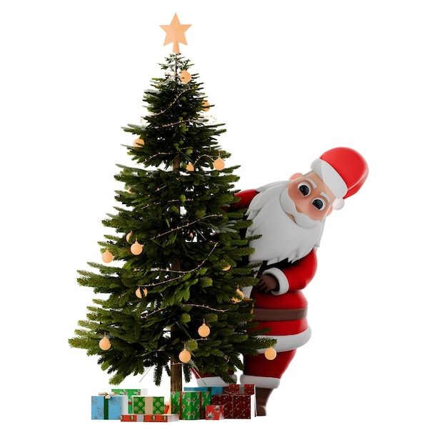 Un hombre de Papá Noel está detrás del árbol