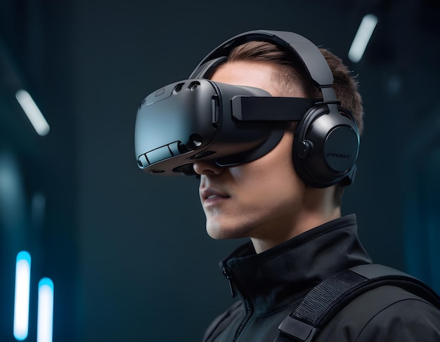 Foto un hombre con un par de auriculares de realidad virtual