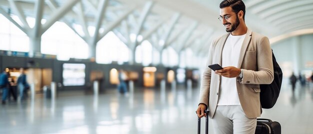 un hombre parado en un aeropuerto mirando su teléfono celular