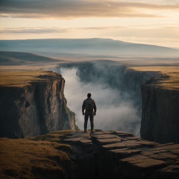 Hombre parado al borde de un acantilado y mirando el amanecer