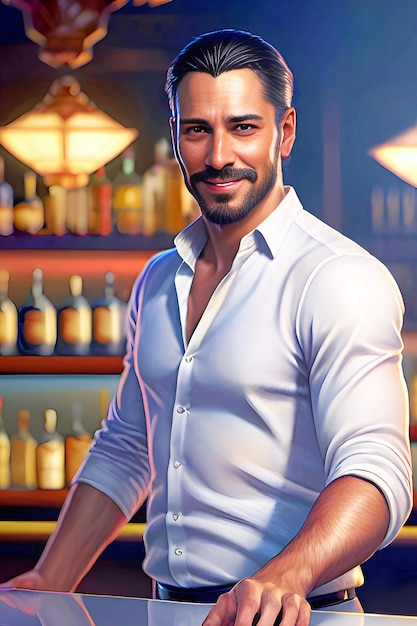 Un hombre parado en un bar con una camisa blanca que dice "hombre de frente"