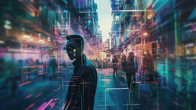 Un hombre parado en una calle con un letrero de neón que dice 'cyberpunk'