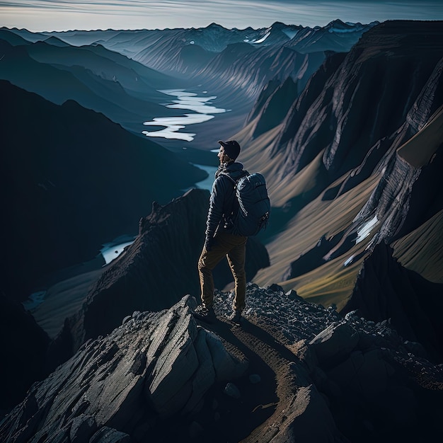 Un hombre parado en la cima de una montaña mirando el valle