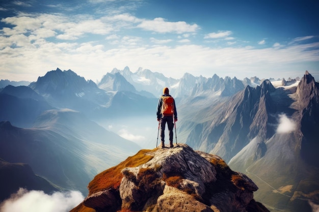 Hombre parado en la cima de la montaña con mochila en la espalda IA generativa