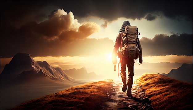 Foto hombre parado en la cima de una montaña con una mochila en la espalda y una puesta de sol en el fondo detrás de él con un cielo rojo y nubes anaranjadas y un generador de ia en tonos rojos