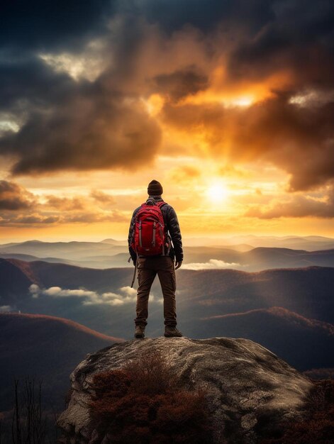 un hombre parado en la cima de una montaña con una mochila