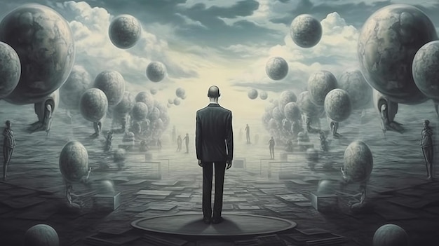 Un hombre parado en un círculo rodeado de muchas esferas Arte generativo de IA