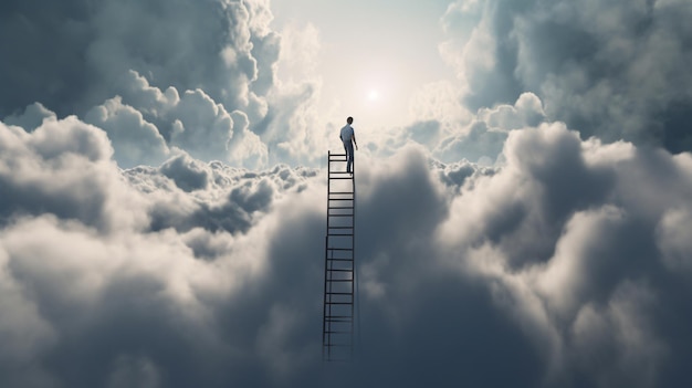 Un hombre parado en una escalera en las nubes.