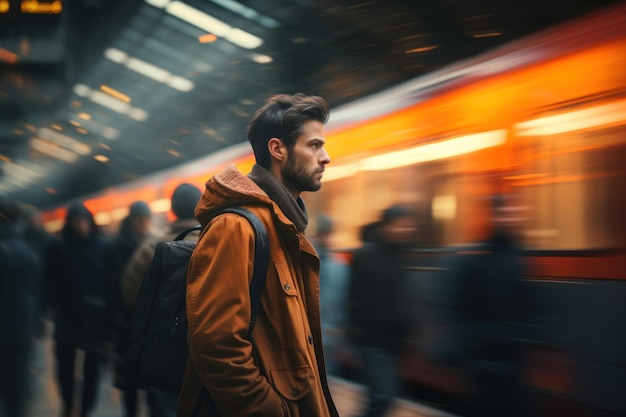 Hombre parado esperando el tren en el metro en rápido movimiento IA generativa