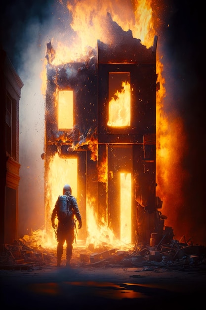 Hombre parado frente al fuego en un edificio que está en llamas IA generativa