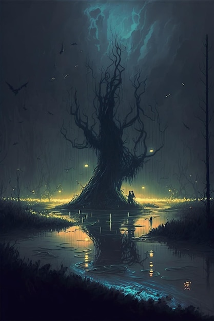 Hombre parado frente a un árbol junto a un cuerpo de agua generativa ai