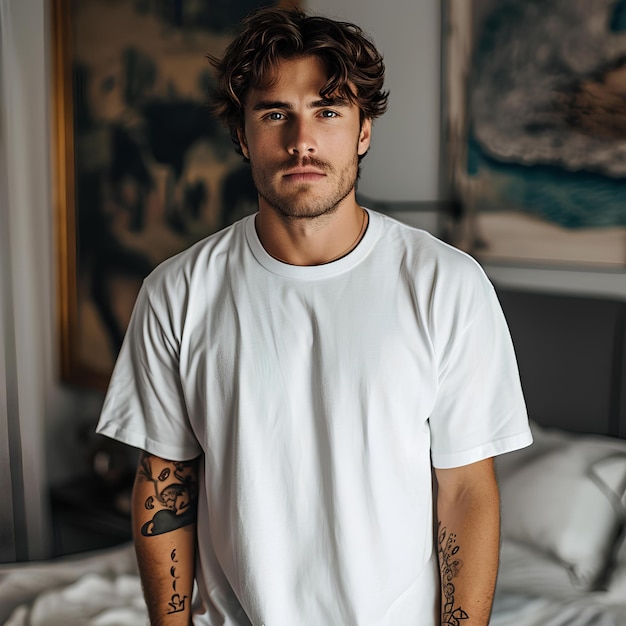 Un hombre parado frente a la cama con tatuajes.