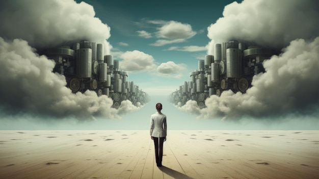 Un hombre parado frente a una ciudad llena de nubes ai