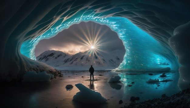 Un hombre parado frente a una cueva de hielo en Islandia Escandinavia IA generativa