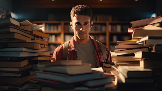 Hombre parado frente a una pila de libros Día Mundial del Libro