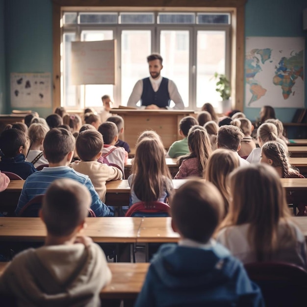 un hombre parado frente a un salón de clases con un maestro frente a él.