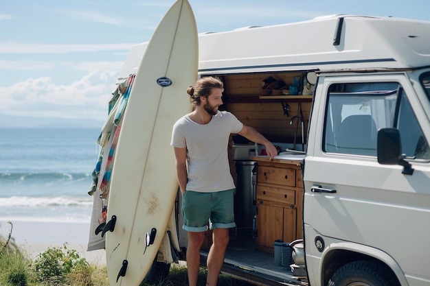 Foto un hombre parado junto a una camioneta con una tabla de surf