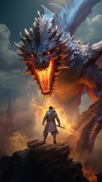 Un hombre parado junto a un dragón en la cima de una colina.