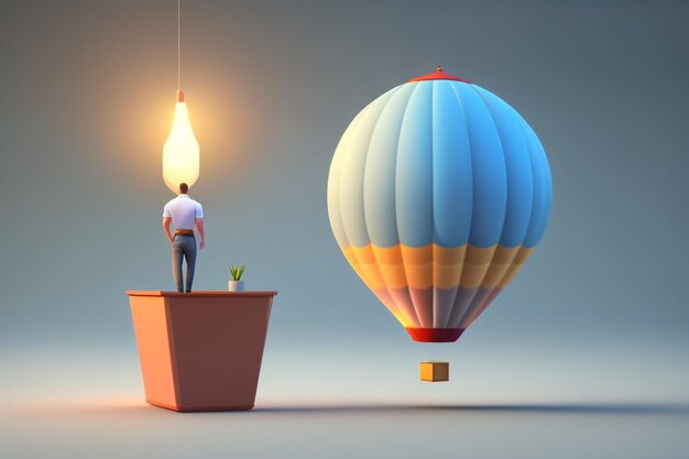 Foto un hombre parado junto a un globo aerostático y una bombilla al lado.