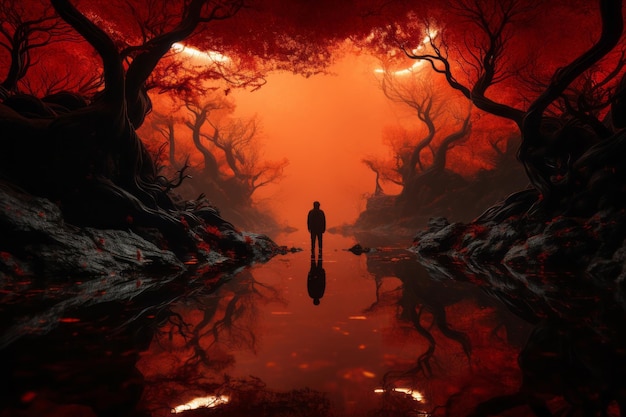 un hombre parado en medio de un bosque con árboles rojos