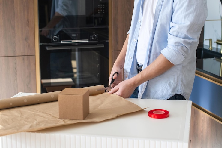 Foto un hombre parado en una mesa corta papel para envolver regalos con unas tijeras
