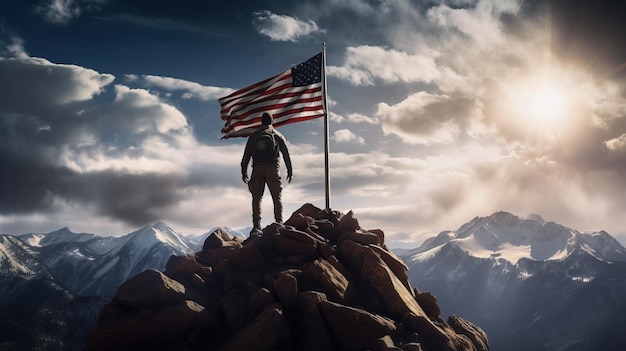 Foto un hombre parado en una montaña con una bandera arte generativo con ia