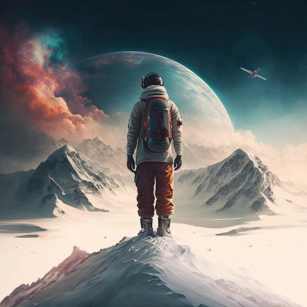 Un hombre parado en una montaña con un planeta al fondo.