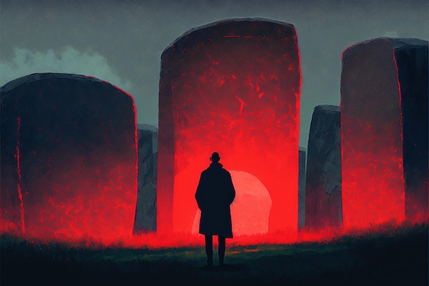 Hombre parado en las piedras sagradas y mirando la luz roja frente a él pintura de ilustración de estilo de arte digital de paisaje de fantasía