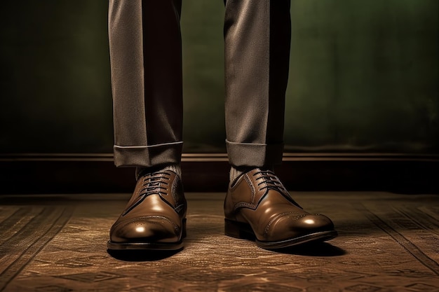 Un hombre parado en un piso de madera con zapatos marrones