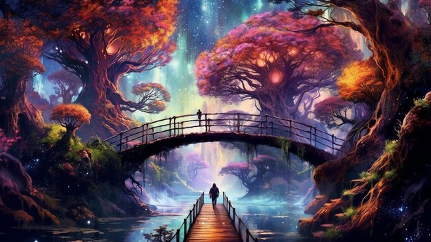 un hombre parado en un puente en un bosque de fantasía ai generativo