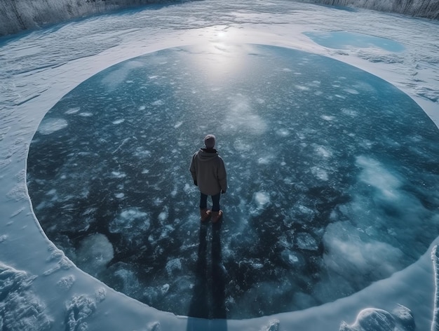 Un hombre parado sobre hielo transparente IA generativa