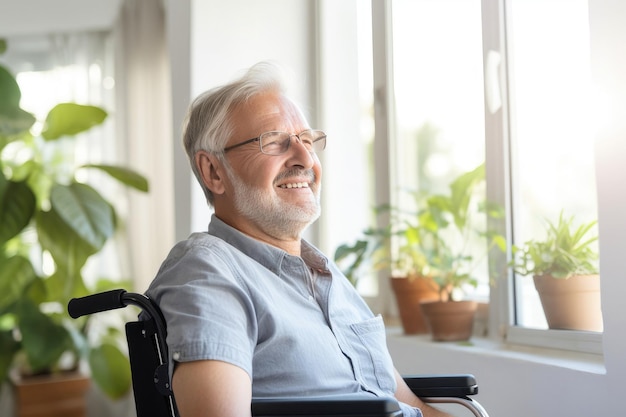 Hombre parapléjico senior sonriente en silla de ruedas