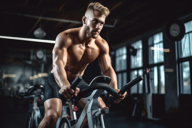 Un hombre participa en una sesión de entrenamiento intenso en una bicicleta estacionaria en el gimnasio local Deportes al máximo Joven atleta musculoso durante el entrenamiento en una bicicleta de ejercicio Generada por IA