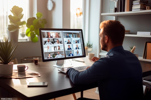 un hombre participando en una videoconferencia desde su oficina en casa