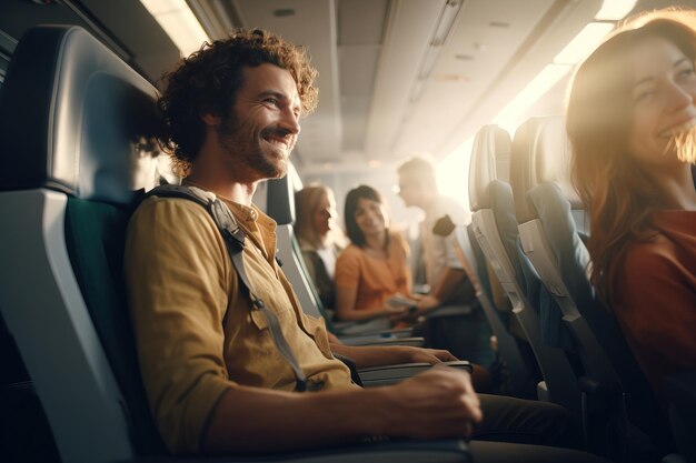 Un hombre y los pasajeros viajan en un tren moderno y sonríen