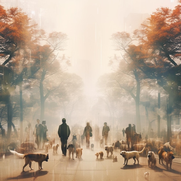 un hombre pasea con perros en un parque con un hombre paseando a sus perros.
