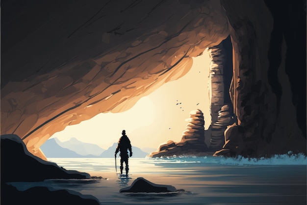 Hombre paseando por la caverna marina al atardecer Concepto de fantasía Pintura de ilustración IA generativa