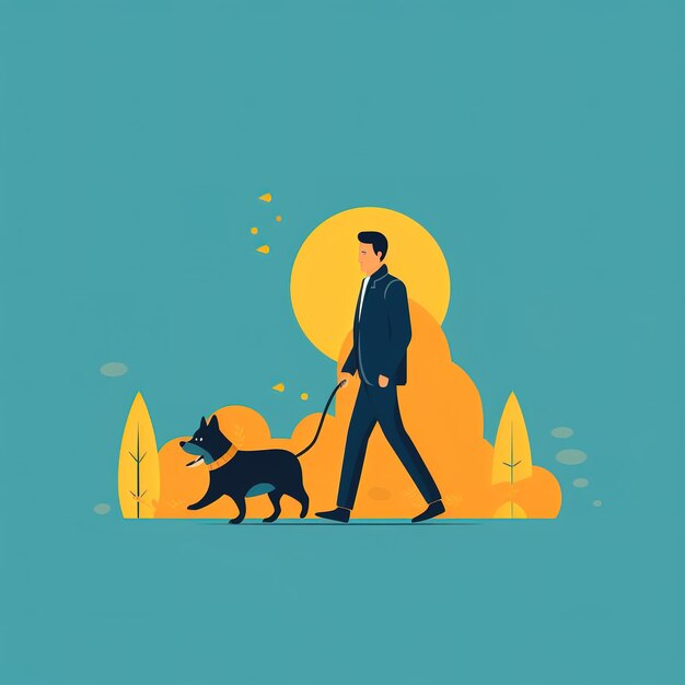 Un hombre paseando a un perro de fondo azul.