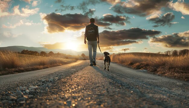 Hombre paseando a su perro por un camino de tierra en el campo al atardecer