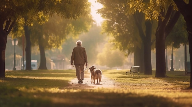 Un hombre paseando a su perro en un parque con un árbol al fondo.