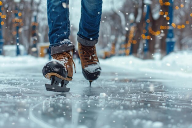 hombre patina en una pista de patinaje en el parque en invierno