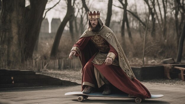 Un hombre en una patineta con una corona