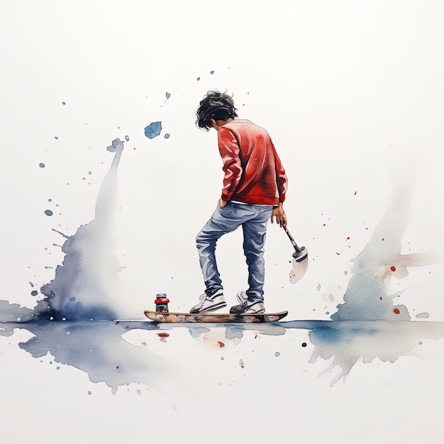 Foto un hombre en una patineta con un spray de pintura salpicando en él